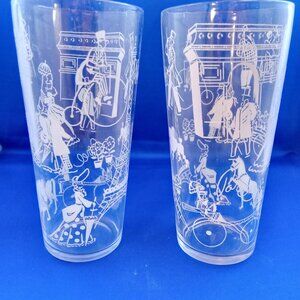 Pair of Vintage MCM tall glasses with Eiffel Tower french people, Paris